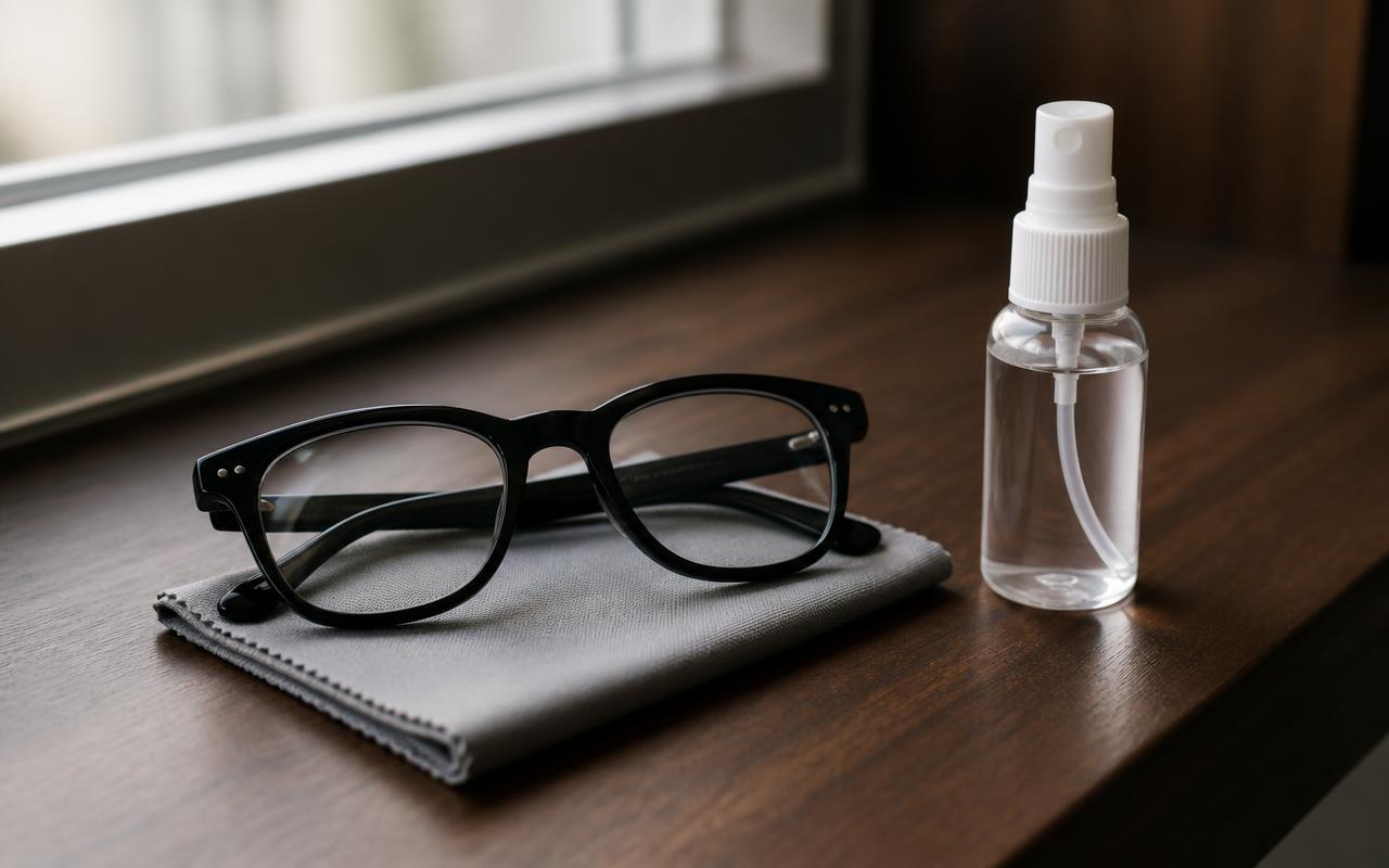 Óculos sobre flanela de microfibra ao lado de spray limpa-lentes, no balcão da ótica